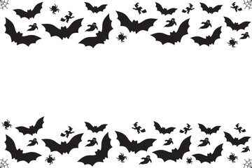 Halloween card with black bats on white transparent background. Banner for congratulations  or invitation