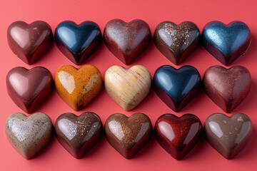 Fototapeta premium A row of chocolate hearts are lined up on a red background