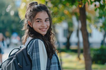 Fototapeta premium A smiling young girl with a backpack, suitable for travel or adventure-themed projects