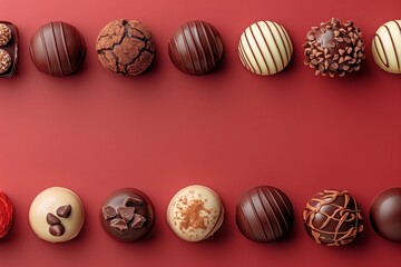 Obraz premium A row of chocolate truffles are lined up on a red background