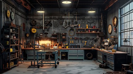 Industrial-style garage workspace with metalwork benches, tools, and welding equipment