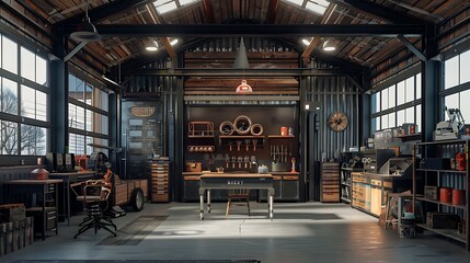 Industrial-style garage workshop designed for metalworking and fabrication projects