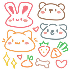 Colorful Kawaii Animal Faces and Cute Objects Pattern. Adorable Cartoon Doodles with Animals, Fruits, and Hearts. 