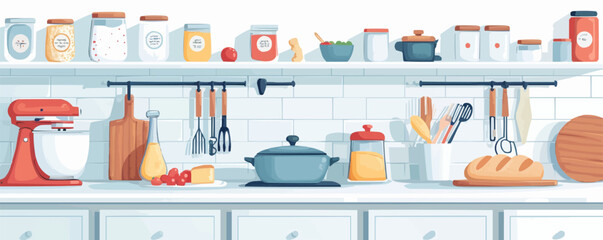 Kitchen counter with baking ingredients and utensils on a white surface. Vector flat isolated illustration