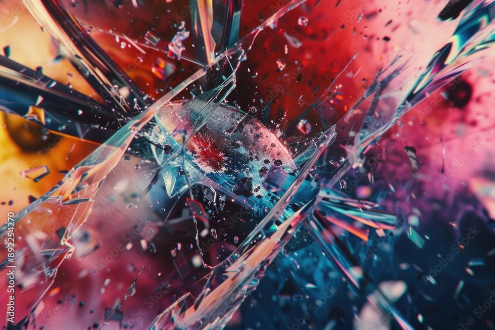 Poster a close-up view of a shattered glass with jagged edges and sharp fragments