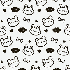 Fototapeta premium Black and White Cute Animal Pattern with Hearts and Clouds. Minimalistic Kawaii Bear and Rabbit Doodle Design. Adorable Monochrome Cartoon Animals and Hearts Background.