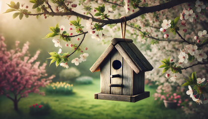 Rustic Birdhouse Hanging Amidst Blooming Spring Flowers