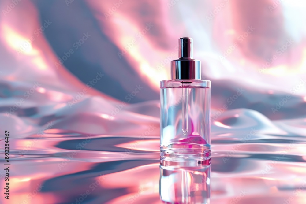 Poster a fragrance bottle sits alone on a reflective surface, perfect for use in editorial or advertising c
