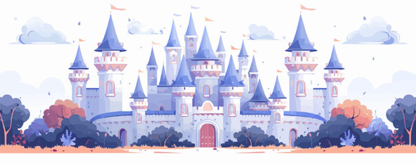 Whimsical fairytale castle with towers and turrets Vector flat minimalistic isolated illustration