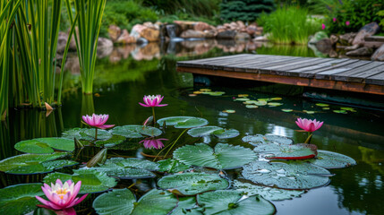 A tranquil pond with water lilies and a wooden dock in a peaceful setting.