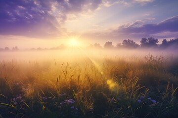 Colorful and misty sunrise over grass meadow