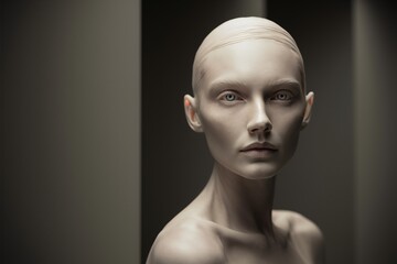 The Gaze of Tomorrow: A bald woman with piercing blue eyes commands attention in a minimalist portrait, her pale skin and neutral expression radiating an aura of futuristic elegance and enigmatic stre