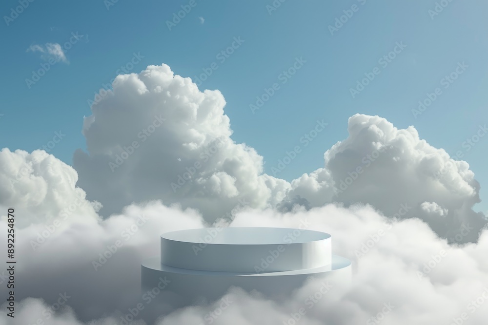 Poster a white platform floating in a cloudy sky with no visible land or sea