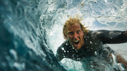 A man is surfing in the ocean and is about to wipe out