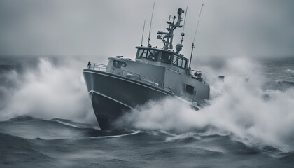A coastal patrol boat navigating through rough seas during a winter storm, with snow flurries 
