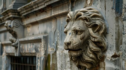 Stone building embellishment featuring lion head sculpture and small water feature