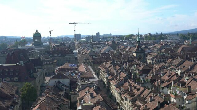 A cityscape with many buildings and a few trees. The sky is blue and the sun is shining
