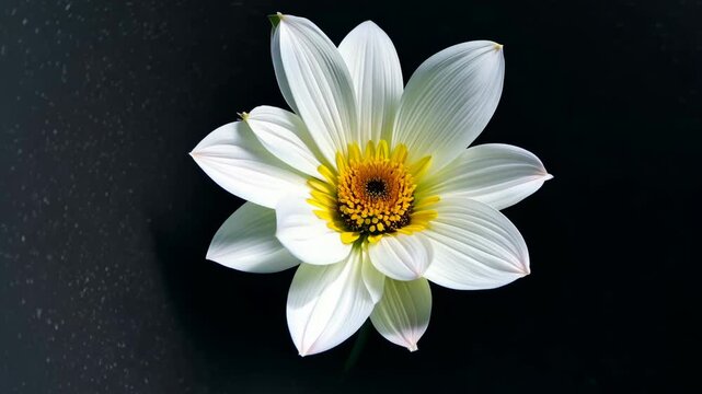 Lotus flower open on black background. White lotos bud blooms time lapse. Beautiful asian garden. Floral blossom close up. Water lily grow in lake, pond. Macro view. Wild aquatic plant.
