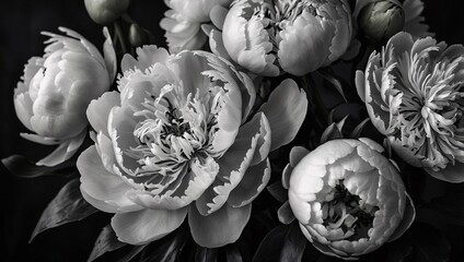 Peonies in a vintage bouquet with baroque influences. Black-and-white floral pattern for cards or wallpaper