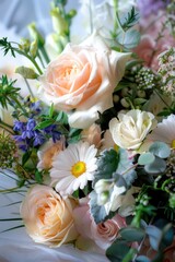 A close-up view of a colorful bouquet of flowers sitting on a table, perfect for use in still life photography or as a decorative element