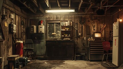 Naklejka premium Horror film buff's creepy horror movie set garage