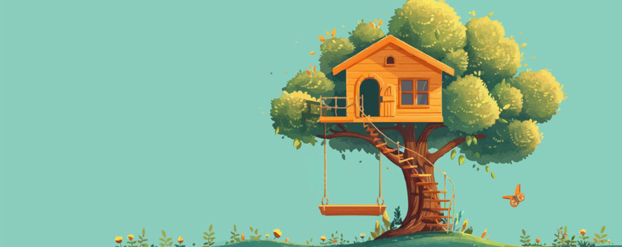 A whimsical treehouse with a spiral staircase and a rope swing hanging from a branch. Vector flat minimalistic isolated