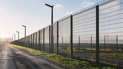 Fototapeta premium Barbed wire fence on a country road in sunlight