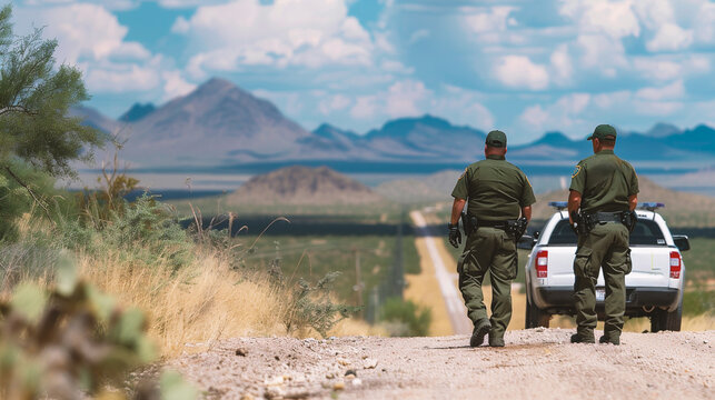 Two guards standing back to back on the road with mountains in the background