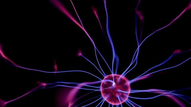 Plasma ball, an energy particle light  isolated on black background. 