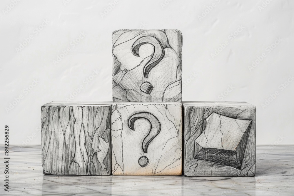 Poster Three blocks with question marks, used for brainstorming or decision making