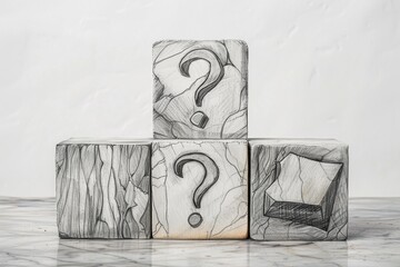 Three blocks with question marks, used for brainstorming or decision making