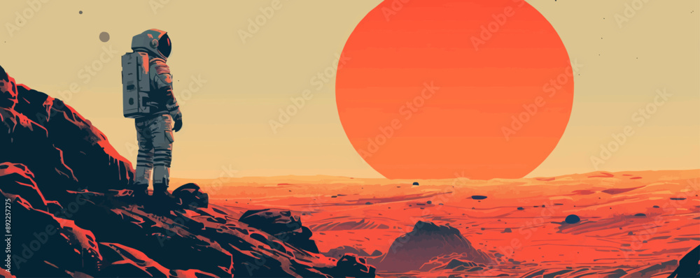 Poster sci-fi astronaut exploring a distant alien planet. vector flat minimalistic isolated illustration.