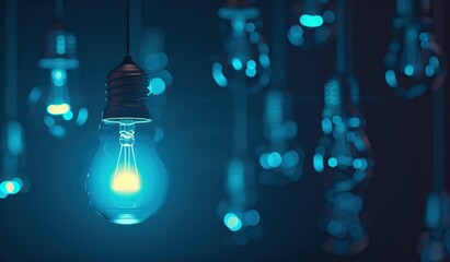 Multiple blue light bulbs hang against a dark background creating a striking contrast