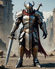 Fototapeta premium A lone knight stands in a desolate landscape, his armor gleaming in the sunlight.