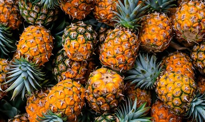 Fototapeta premium A fresh pile of tropical pineapples with vibrant yellow color and green leaves