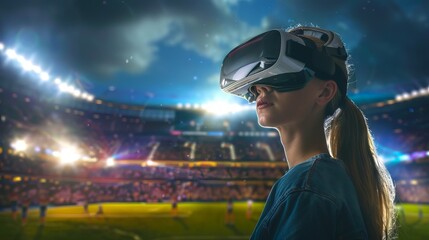 Caucasian woman using virtual reality headset in a stadium. Concept of VR technology, immersive experience, sports entertainment