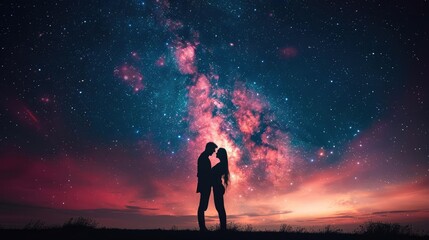Obraz premium A couple sharing a heartfelt embrace under a starry sky, illustrating the wonder of love