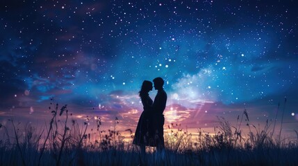 A couple sharing a heartfelt embrace under a starry sky, illustrating the wonder of love