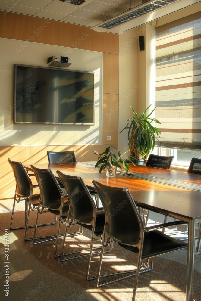 Poster a typical conference room setup with a long table and chairs, suitable for business meetings or pres