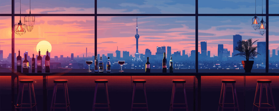 Urban rooftop bar with city skyline views Vector flat minimalistic isolated illustration