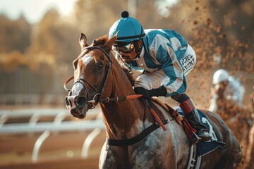 African American male jockey riding a horse during a race. Concept of equestrian sport, horse racing, jockey training, competitive racing