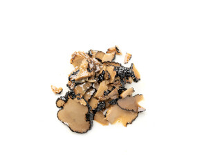 Truffle Slices Isolated, Tuber Melanosporum Mushroom Pieces in Oil, Canned Black Truffle