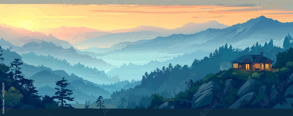 Poster a serene mountaintop retreat with panoramic views of the landscape. vector flat minimalistic isolate