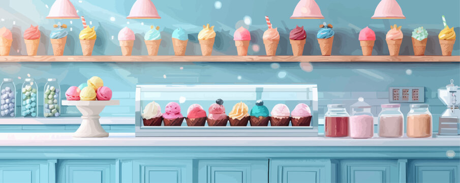 Vintage ice cream parlor with a glass display case of flavors Vector flat minimalistic isolated illustration