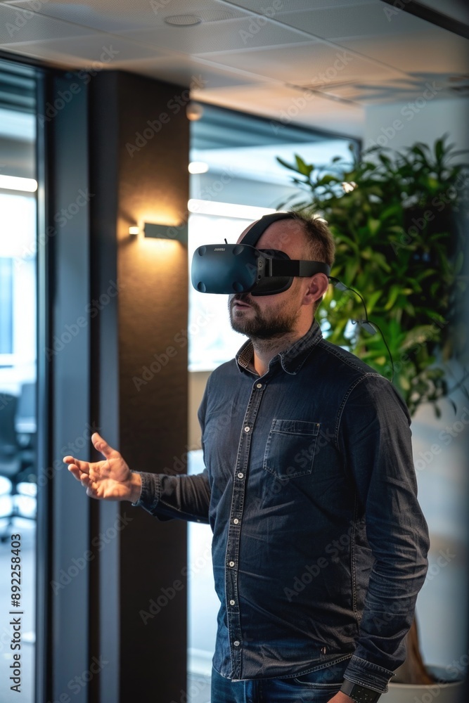 Poster A person working on a computer while wearing a VR headset, great for corporate or tech-related concepts