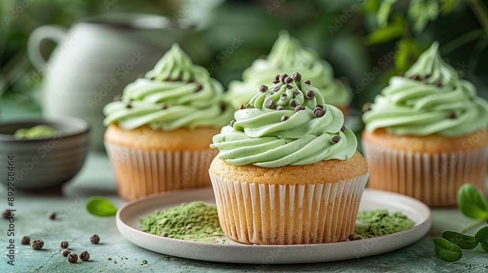 Sticker green tea cupcakes with chocolate sprinkles