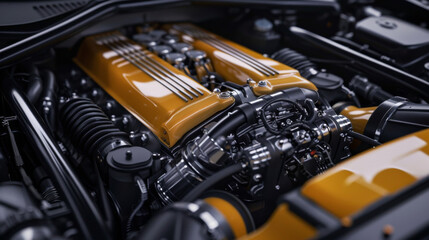 The engine of a car is shown in detail, with the hood open