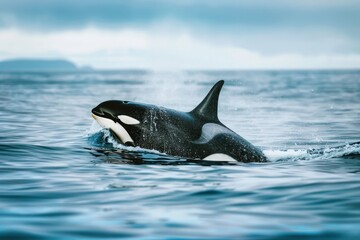 Fototapeta premium Orca Killerwhale jumps out of the water traveling on ocean water