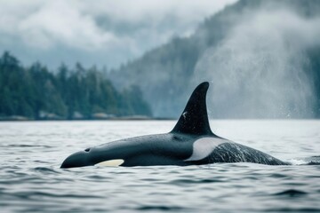 Fototapeta premium Orca Killerwhale jumps out of the water traveling on ocean water