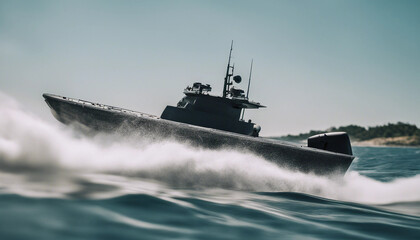 Naklejka premium A fast attack boat slicing through calm waters on a clear summer day, with a bright blue sky and sun 